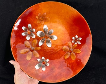 Enamel Bowl - Enamel on Copper Trinket Dish Orange Flowers Mid Century Modern