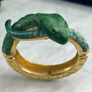 Vintage Snake Bangle Bracelet – Green Coiled Serpent with Red Rhinestone Eyes – Hinged