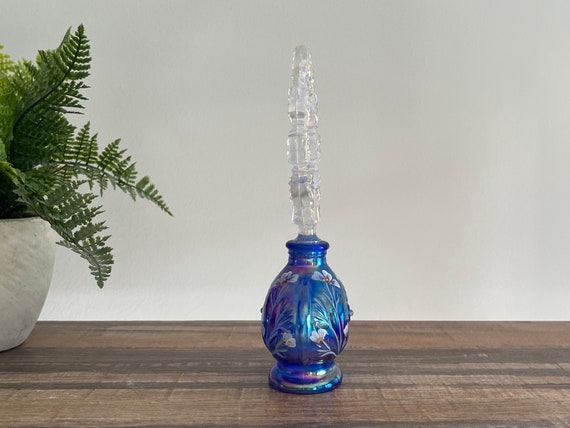 Vintage Hand Painted Fenton Perfume Bottle: Blue Carnival