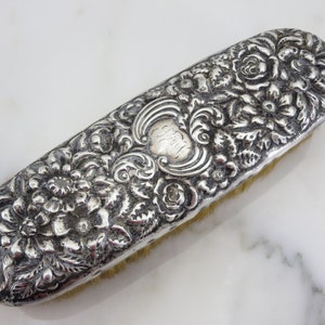 Vintage Sterling Silver Brush - Victorian Clothing Brush, Repousse Flowers