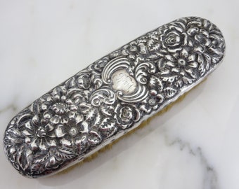 Vintage Sterling Silver Brush - Victorian Clothing Brush, Repousse Flowers