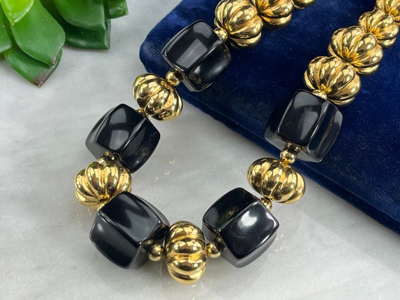 Black and Gold Beaded Necklace - Vintage Napier C… - image 1