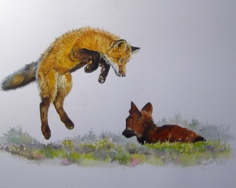 Original Watercolour Painting of  Fox Cubs