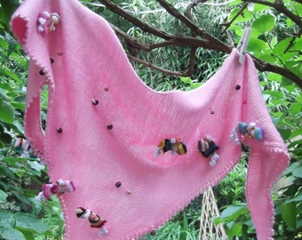Pink Triangular Scarf with Dolls and Beads