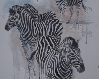 Original Watercolour Painting - Zebras