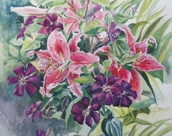 ピンクのクレマチス オリジナル水彩画植物画 - Etsy 日本