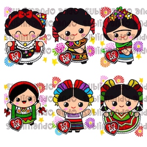Muñequitas Mexicanas Regionales Trapo Vestidos tipicos Adelitas huichol descarga instantanea Fiestas patrias PNG pdf svg 10 Diseños