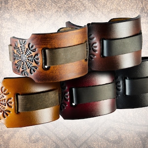 Handmade Leather Watch Cuff - Wide Helm of Awe - Solid Full Grain Italian Leather Watch Band Watch Strap Norse Viking Runes Aegishjalmer