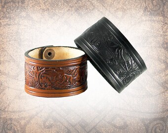 The Woodland Leather Cuff, Leather Wristband, Black Cuff, Leather Bracelet, Brown Leather Cuff, Leather Band - Custom to You (1 cuff only)