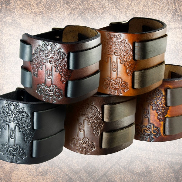 Manchette en cuir faite à la main - Arbre du monde nordique, Yggdrasil, Arbre de vie, Cuir italien pleine fleur solide, Bracelet, Bracer, Band, Marron, Noir