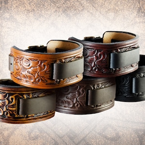 Handmade Leather Watch Cuff - Western Floral - Solid Full Grain Italian Leather Watch Band Strap Tooled Embossed Cowboy Country