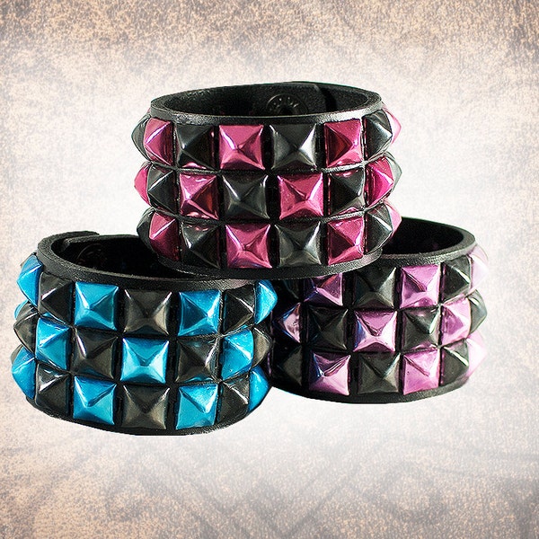 Pyramid Studded Leather Cuff - 3 Row Color Colour - Steel Black Red Blue Pink Solid Full Grain Heavy Duty Metal Biker Punk Goth Halloween