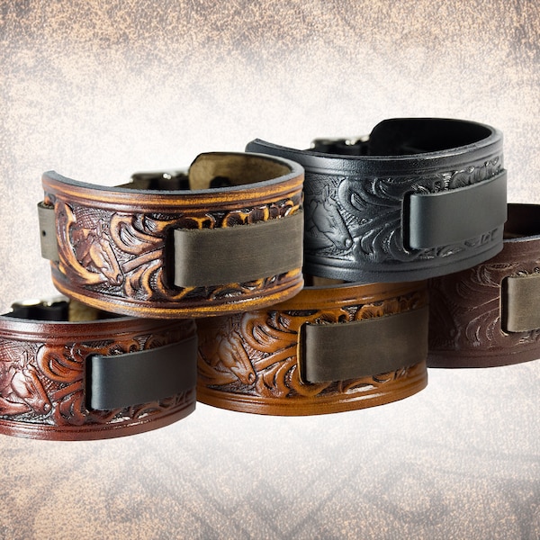 Handmade Leather Watch Cuff - Horse & Floral - Solid Full Grain Italian Leather Watch Band Watch Strap Tooled Embossed Western Cowboy