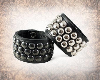 Studded Leather Cuff, Leather Cuff, Leather Wristband, Silver Leather Cuff - Dome Studded - 3 Row Steel Custom to You (1 cuff only)