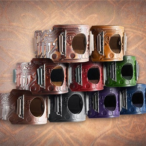 Electronic Circuit - Handmade Apple Watch Cuff Samsung Smart Band Solid Full Grain Leather Ultra Galaxy iWatch Tooled Embossed Cyberpunk