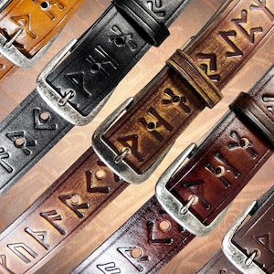 Handmade Leather Belt - Runic (1.5") - Handcrafted Solid Full Grain Italian Leather Belt Norse Runes Viking Futhark Tooled Embossed