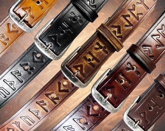 Handmade Leather Belt - Runic (1.5") - Handcrafted Solid Full Grain Italian Leather Belt Norse Runes Viking Futhark Tooled Embossed