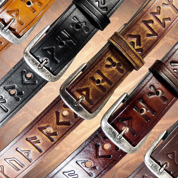 Handmade Leather Belt - Runic (1.5") - Handcrafted Solid Full Grain Italian Leather Belt Norse Runes Viking Futhark Tooled Embossed