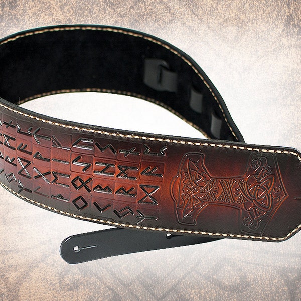 Bass Leather Guitar Strap - Mjölnir and the Runes