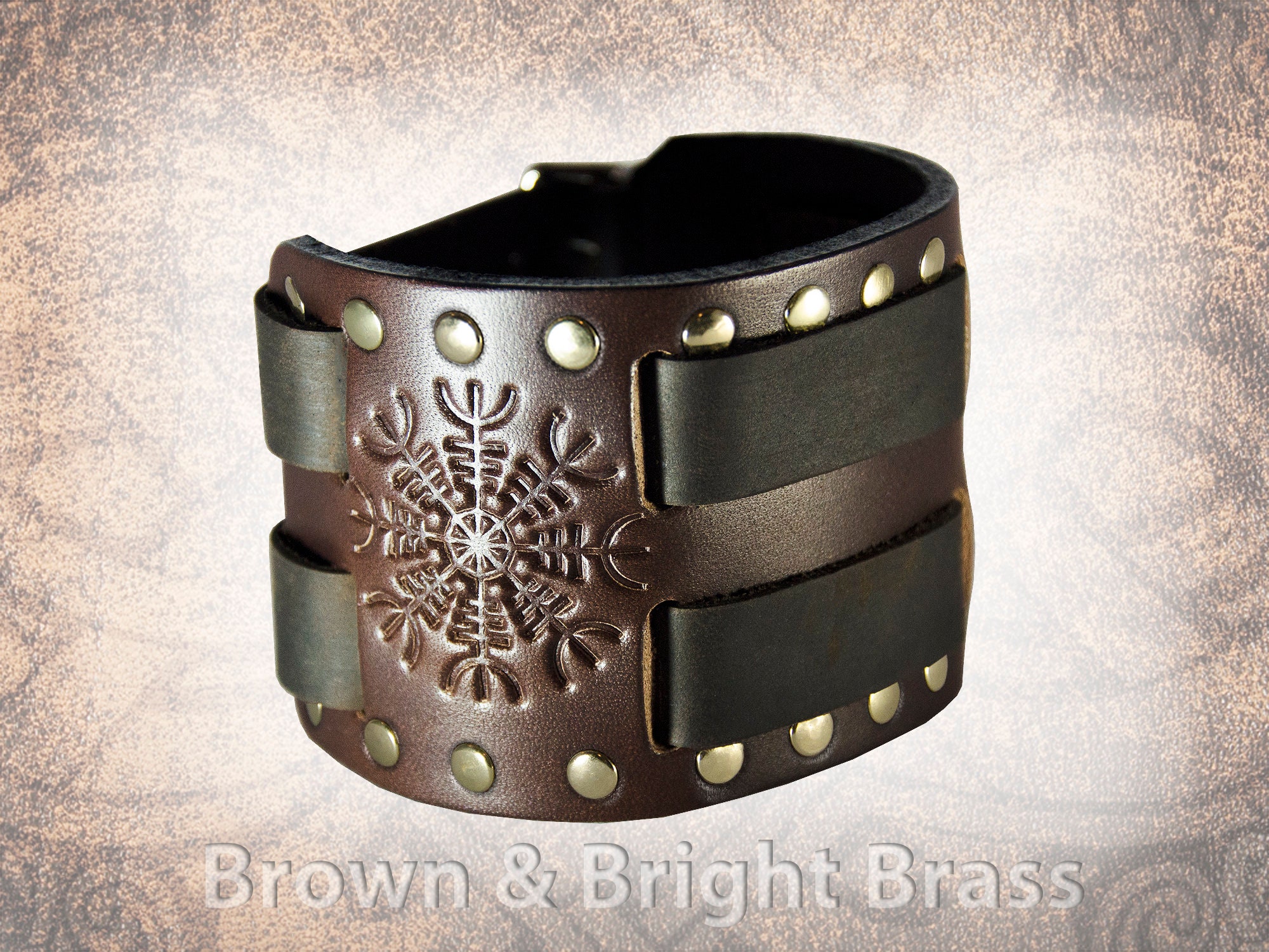Riveted Norse Helm of Awe Handmade Studded Leather Cuff Wristband