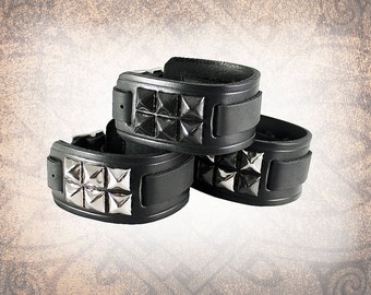Handmade Studded Leather Watch Cuff - Pyramid Stud - Solid Full Grain Italian Leather Watch Band Watch Strap Studded Black Steel Punk