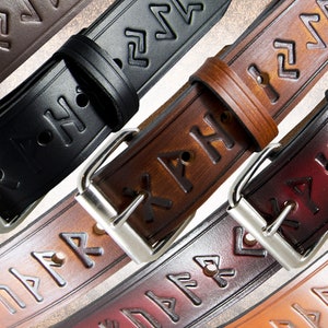 Handmade Leather Belt - Wide Runic (1.75") - Handcrafted Solid Full Grain Italian Leather Belt Tooled Embossed Norse Runes Viking Futhark
