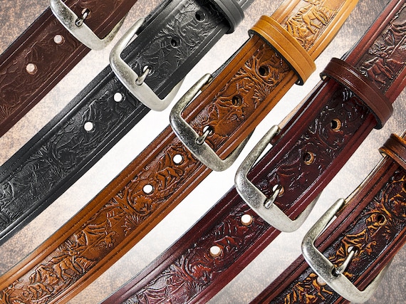 Handmade Leather Belt Woodland 1.5 Handcrafted Solid Full Grain Italian  Leather Belt Tooled Embossed Men's Women's Hunting Nature 