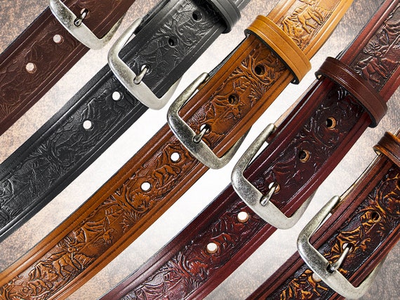 Handmade Leather Belt Woodland 1.5 Handcrafted Solid Full Grain Italian  Leather Belt Tooled Embossed Men's Women's Hunting Nature 