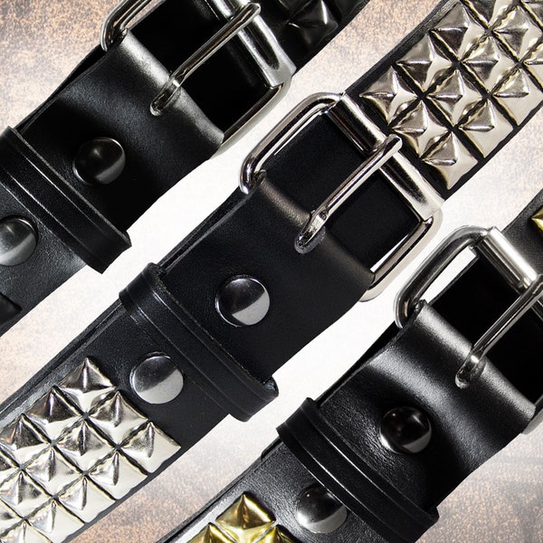 Handmade Studded Leather Belt - Wide Pyramid Stud (1.75") - Handcrafted Solid Full Grain Italian Leather Belt Punk Biker Steel Brass Black