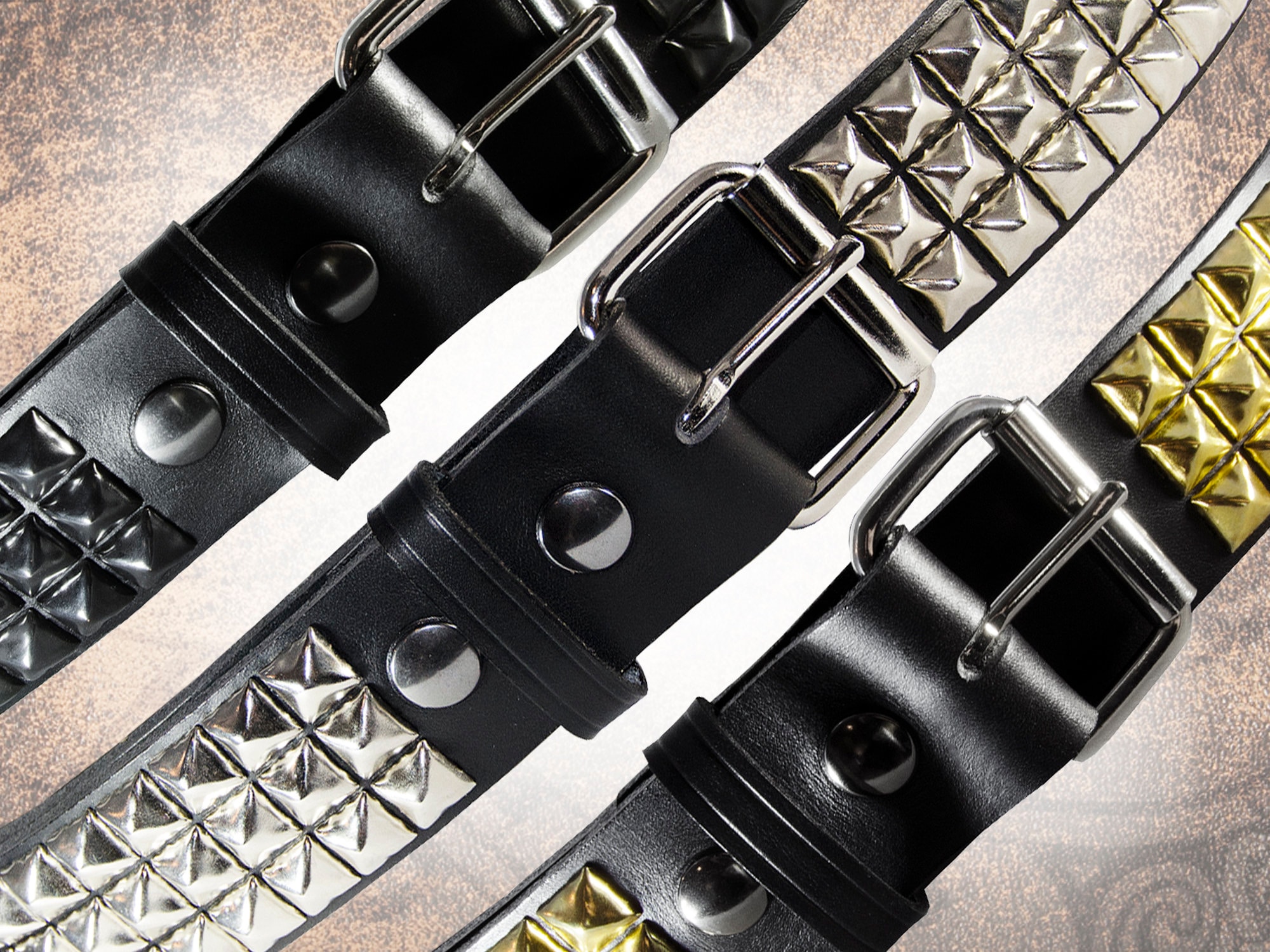 Black Pyramids (3 rows), Matte Black Buckle, Black Leather Belt