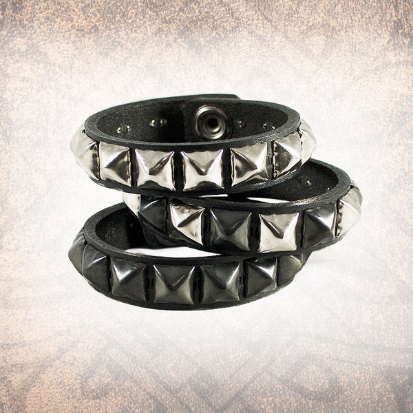 Studded Leather Cuff, Leather Cuff, Leather Wristband, Leather Bracelet, Black Leather Cuff- Pyramid 1-Row - Custom to You (1 cuff only)