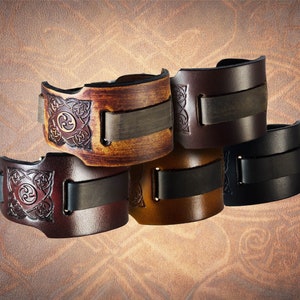 Wide Celtic Triskel - Handmade Leather Watch Cuff Solid Full Grain Italian Leather Watch Band Watch Strap Celtic Knot