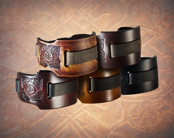 Wide Celtic Triskel - Handmade Leather Watch Cuff Solid Full Grain Italian Leather Watch Band Watch Strap Celtic Knot