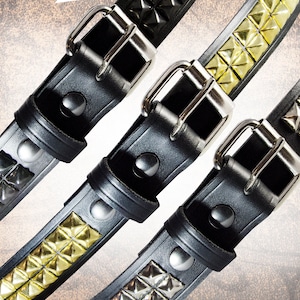 Handmade Studded Leather Belt - Pyramid Stud (1.5&quot;) - Handcrafted Solid Full Grain Italian Leather Belt Black Brass Steel Punk Biker