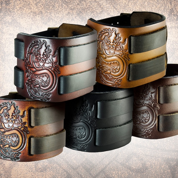 Oriental Dragon Cuff - Handmade Solid Leather Full-Grain Italian Cowhide Band Cuff Bracer Bracelet Embossed Tooled Tattoo Japanese Chinese