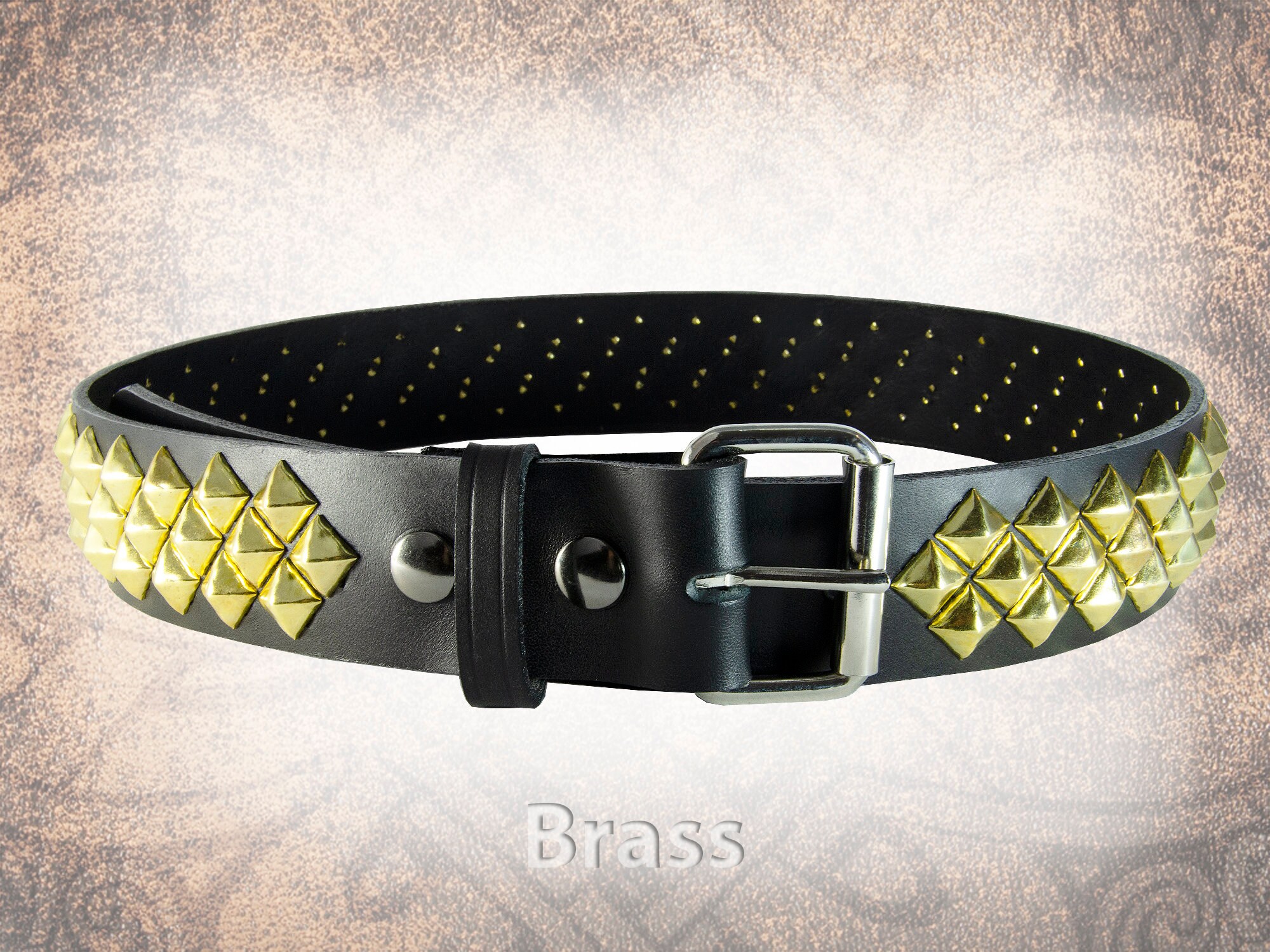 Handmade Studded Leather Belt - Wide Diamond Stud (1.75