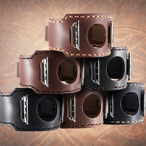 Hand Stitched Plain - Handmade Apple Watch Cuff Samsung Smart Band Solid Full Grain Leather Gift Galaxy iWatch Dress Minimalist Modern Ultra