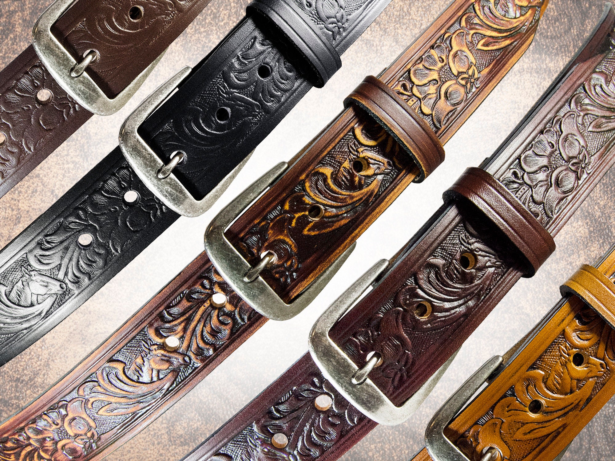 Handmade Leather Belt - Horse & Floral - Handcrafted Solid Italian Full Grain Leather Belt Tooled Embossed Western Cowboy Men's Women's