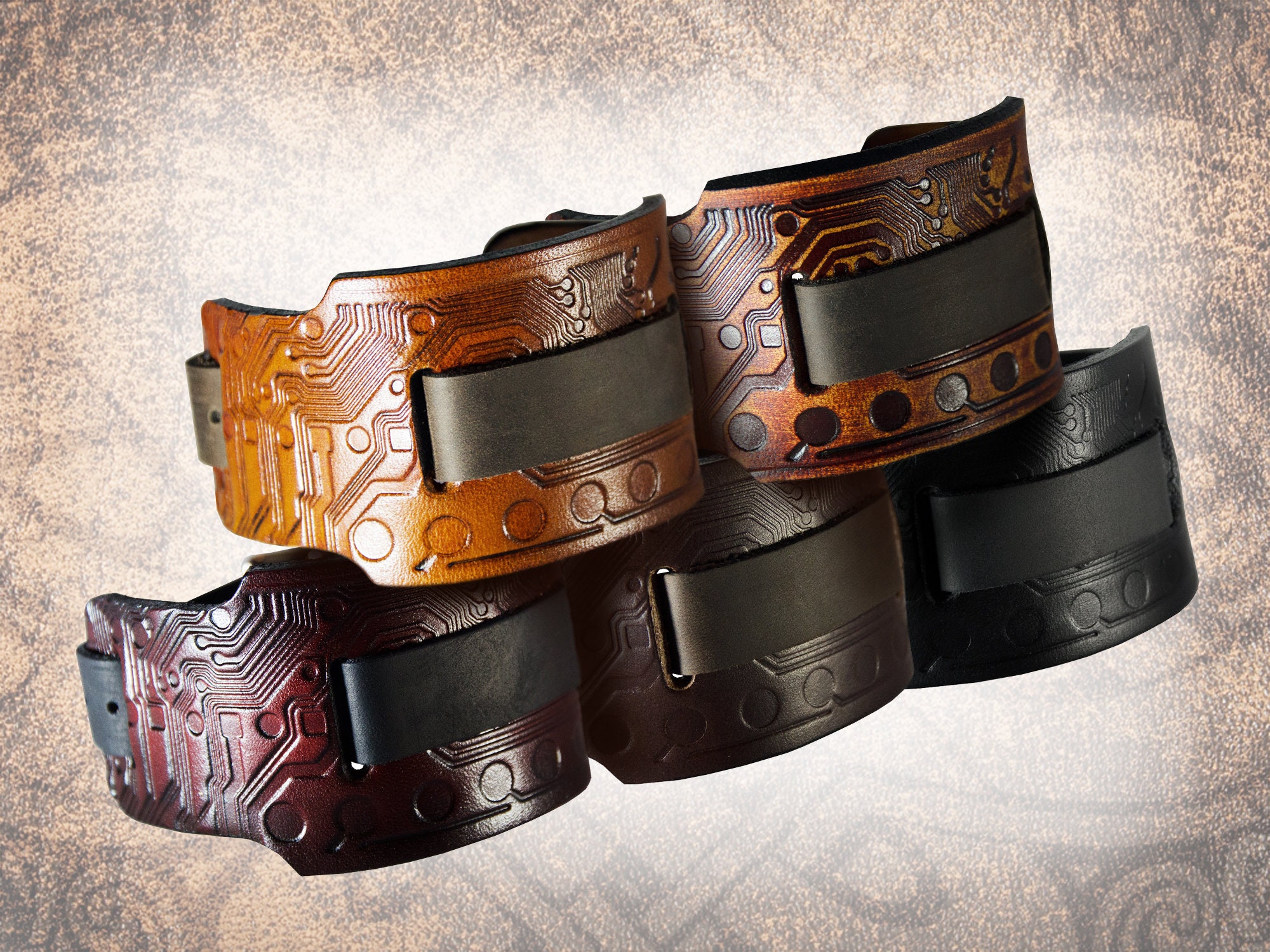 Handmade Leather Watch Cuff - Wide Circuit - Solid Full Grain Italian Leather Band Strap Tooled Embossed Steampunk Cyberpunk Computer