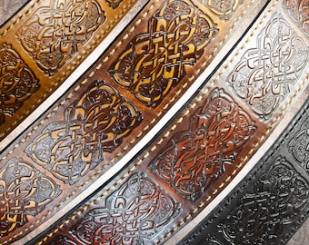 Leather Guitar Strap - Celtic Hounds - Solid Full-Grain Italian Leather Guitar Strap Sling Band Scottish Irish Knotwork Celtic Knot