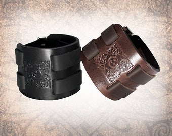 Celtic Triskel - Leather Cuff, Leather Wristband, Leather Bracelet, Black Leather Cuff, Celtic Cuff - Custom to You (1 cuff only)