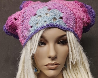 Crochet Ruffled Headband: Pink, Blue, Silver Metallic Thread