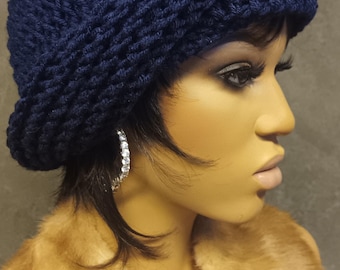 Crochet Cloche Hat: Navy Blue Turban, Vintage 1920s Style