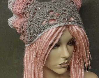 Crochet Headscarf Chemo Cap: Pink Gray Silver Metallic Thread