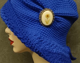 Crochet Cloche Hat Bright Blue Vintage-Style Acrylic Winter Hat