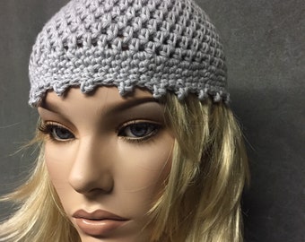 Light Gray, Crochet,Skull Cap,Cotton,Accessory,Women,Chemo Cap,Spring/Summer,Handmade,Boho,Hippie