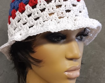 Crochet Bucket Hat: Red, White & Blue Cotton Sun Hat