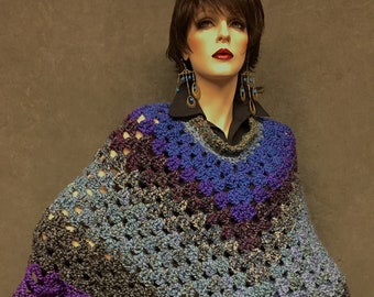 Crochet OOAK Poncho,Women, Clothing,Blue,Purple,Gray,Vintage Style, Boho,Ruffled, One size fits most,Handmade,