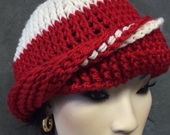Crochet, Vintage-style Cloche,Handmade,Red & White,Turban ,Accessories, Winter, Women, Teens, Boho, Skullcap