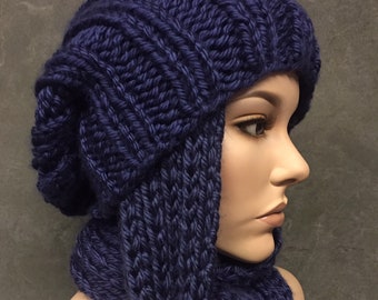 Hand Knit Scarf Set, Blue, Women, Winter, Accessories, slouchy hat, handmade,Unisex,Boho,Toboggan,